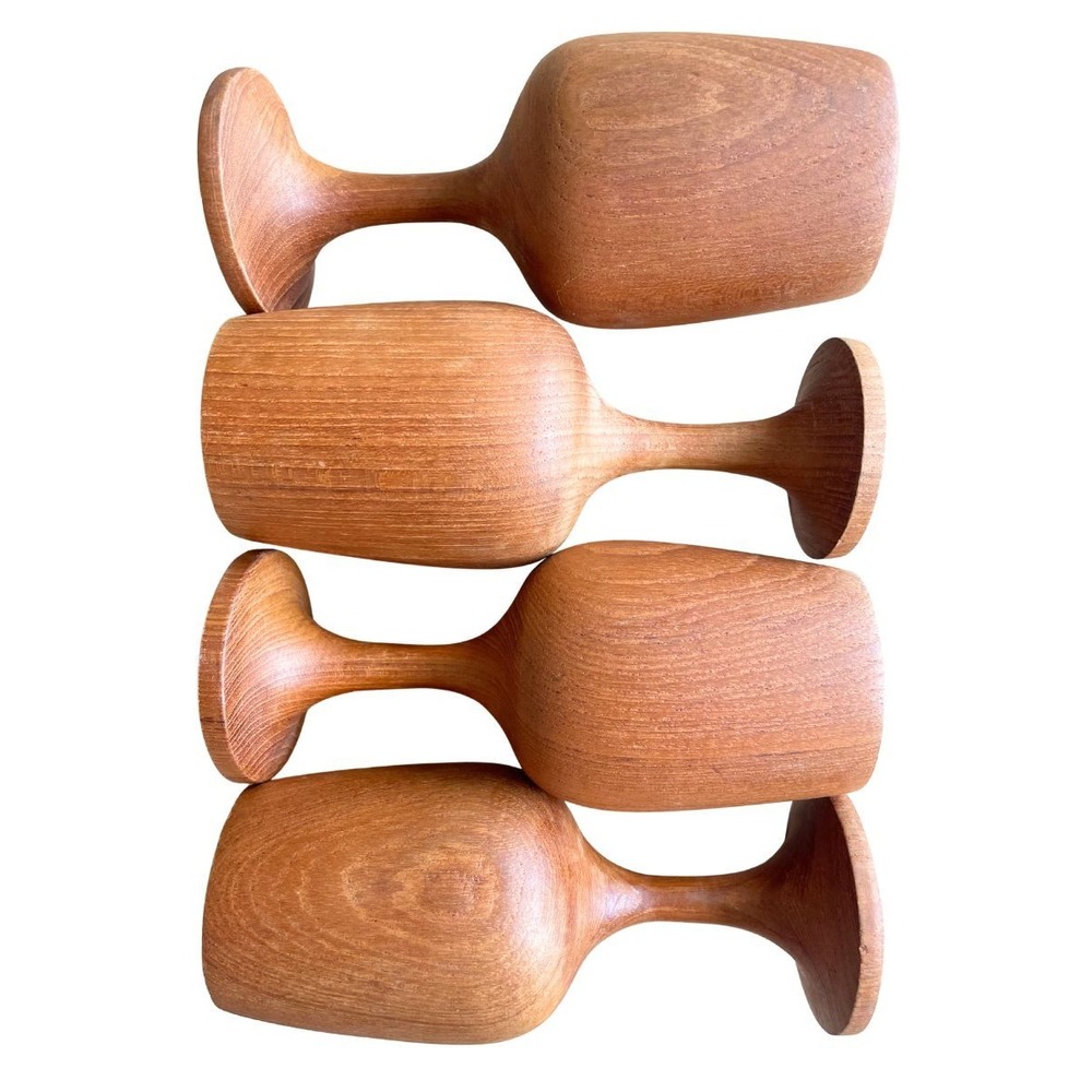Set of 4 Vintage Wooden Goblets Hand Turned Wood Wine Cups Mid Century Rustic